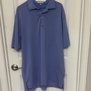 Peter Millar Large Blue Striped Poly/Spandex Golf Shirt Old Marsh Logo Size L